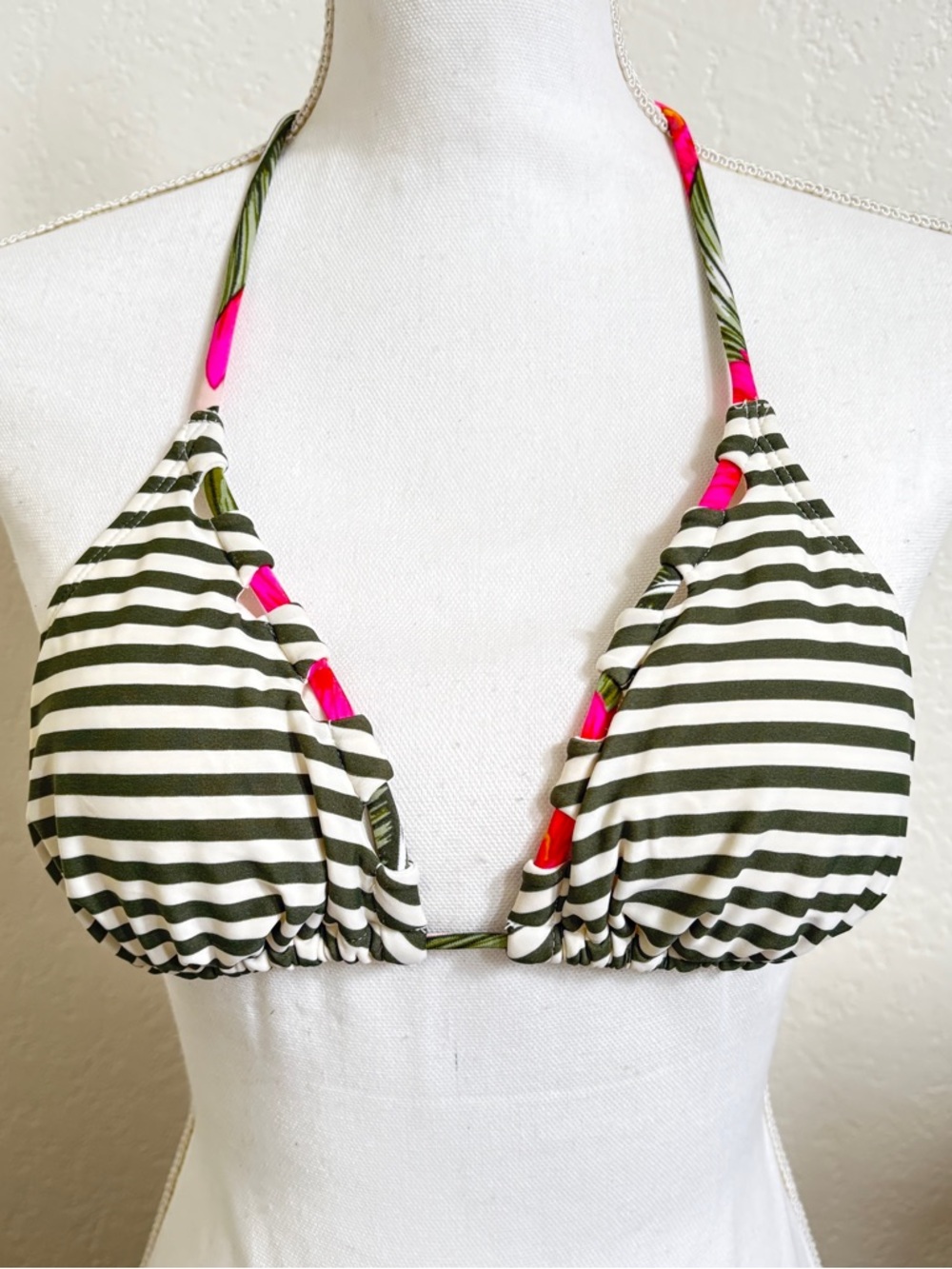Xhilaration white olive green string striped bikini top with pink accents L